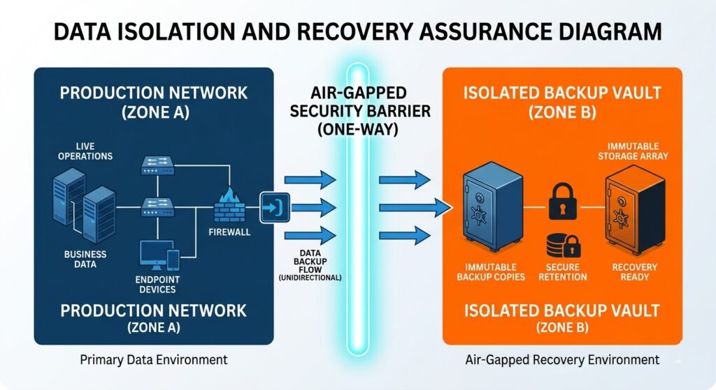 A diagram illustrating the isolation of backup data from the main network to prevent ransomware spread.
