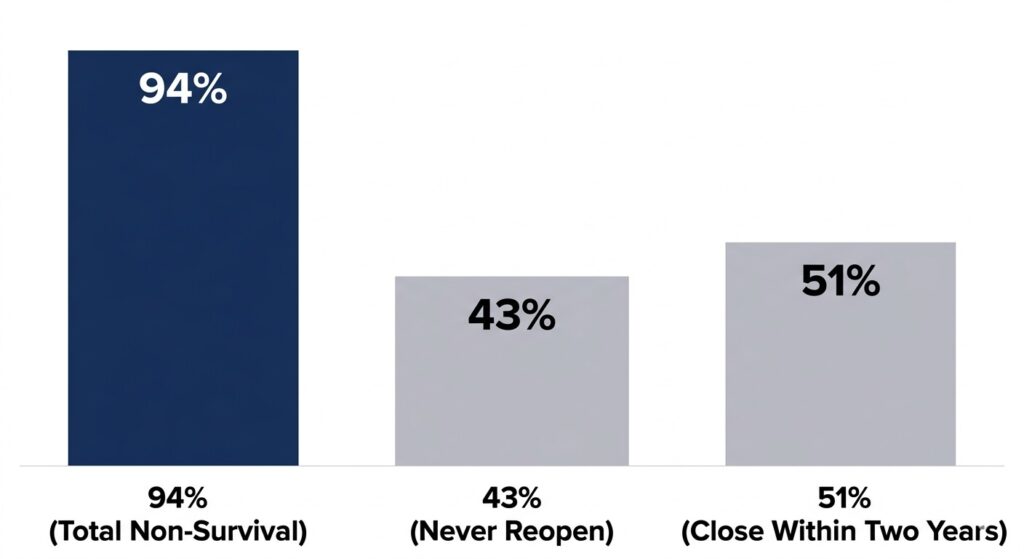 Bar chart showing that most companies do not survive catastrophic data loss, with high percentages for those that never reopen or close within a short period.