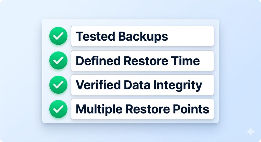 A checklist graphic featuring questions about restore time, backup testing, and data integrity.