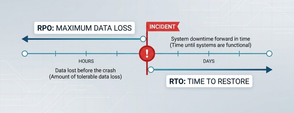 A technical diagram explaining Recovery Point Objective and Recovery Time Objective in a healthcare context.