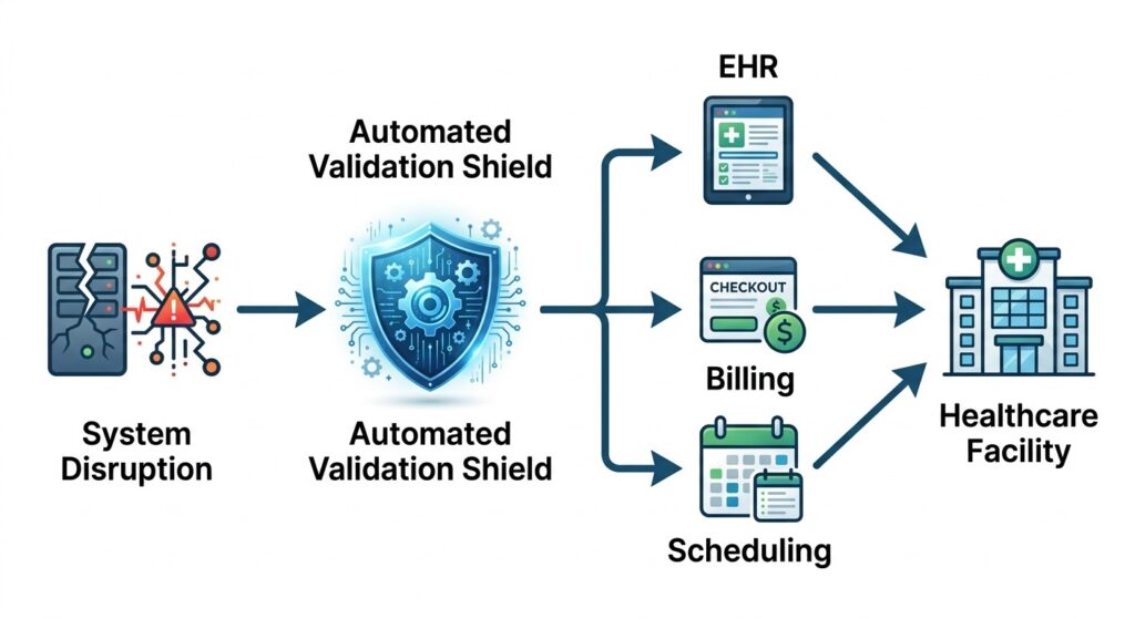 A step-by-step workflow diagram demonstrating how a verified data recovery process restores clinical, billing, and scheduling systems during an outage.