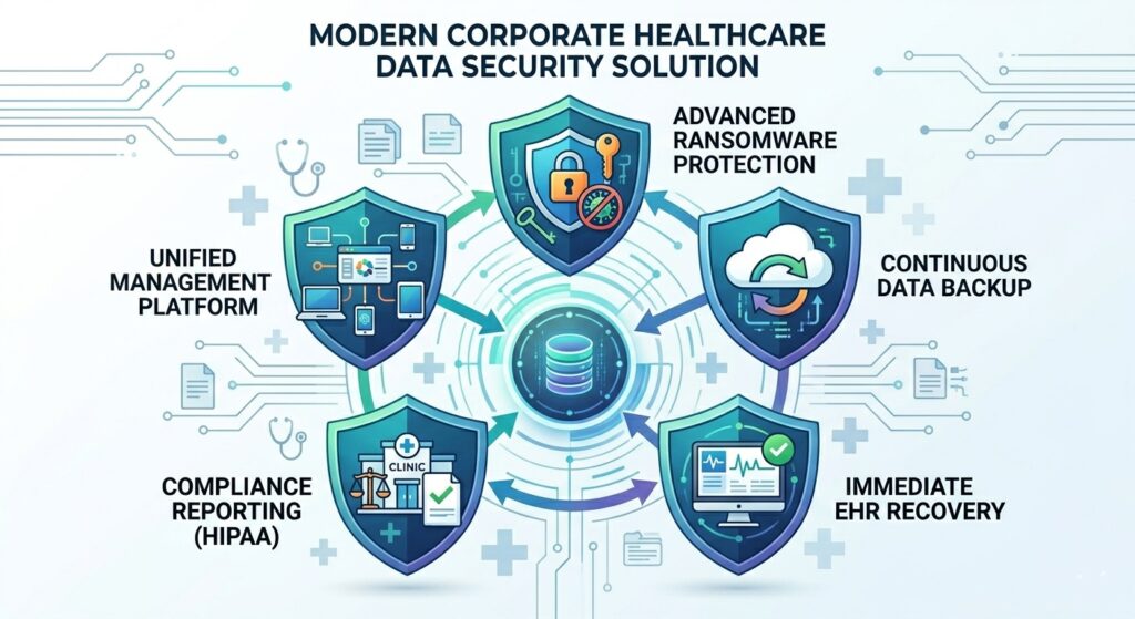 A five-part circular infographic detailing the critical security and compliance pillars required for a HIPAA-aligned healthcare backup solution.