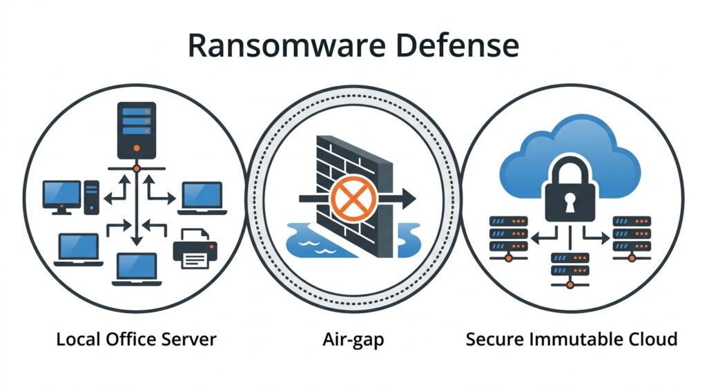 A data security diagram contrasting an office server network with an offsite, immutable cloud storage environment separated by a security barrier.