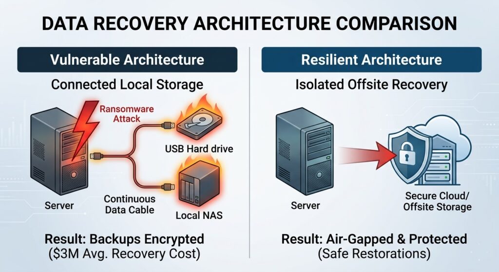A comparison graphic showing how ransomware infects both a server and its attached local external drive, contrasted with an isolated, encrypted offsite backup that remains safe.