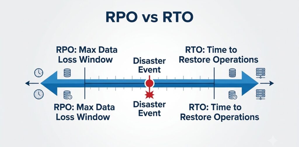 A horizontal timeline infographic explaining the difference between Recovery Point Objective (allowed data loss window) and Recovery Time Objective (time needed to restore operations).