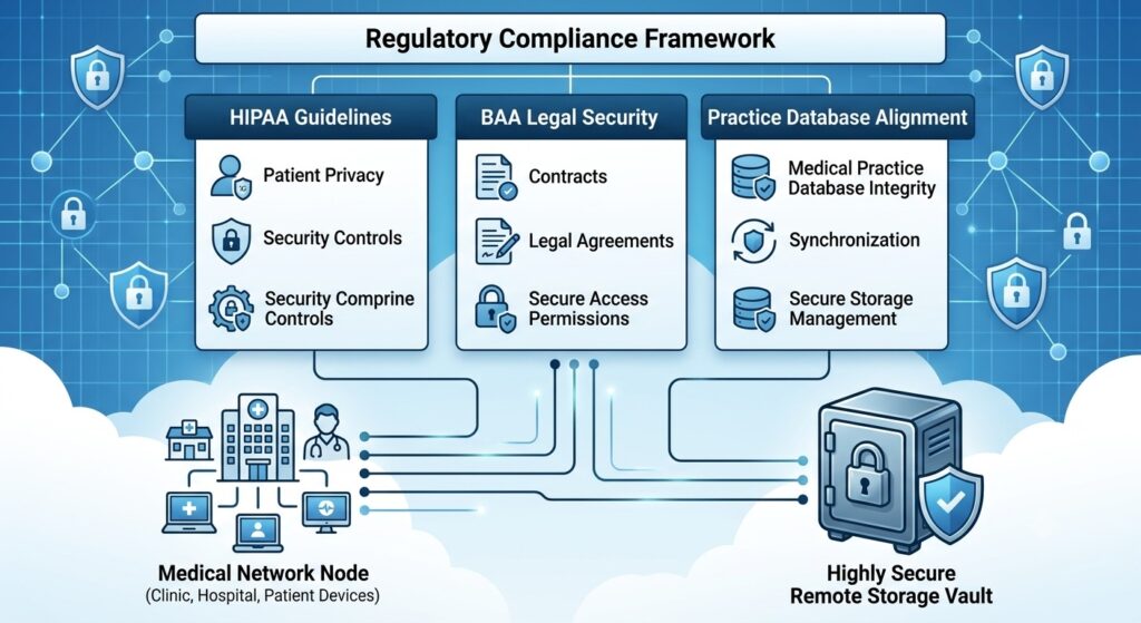 A security compliance diagram showing data flowing securely from a local network into an infrastructure system protected by data encryption, regulatory healthcare verification, and practice management alignment pillars.