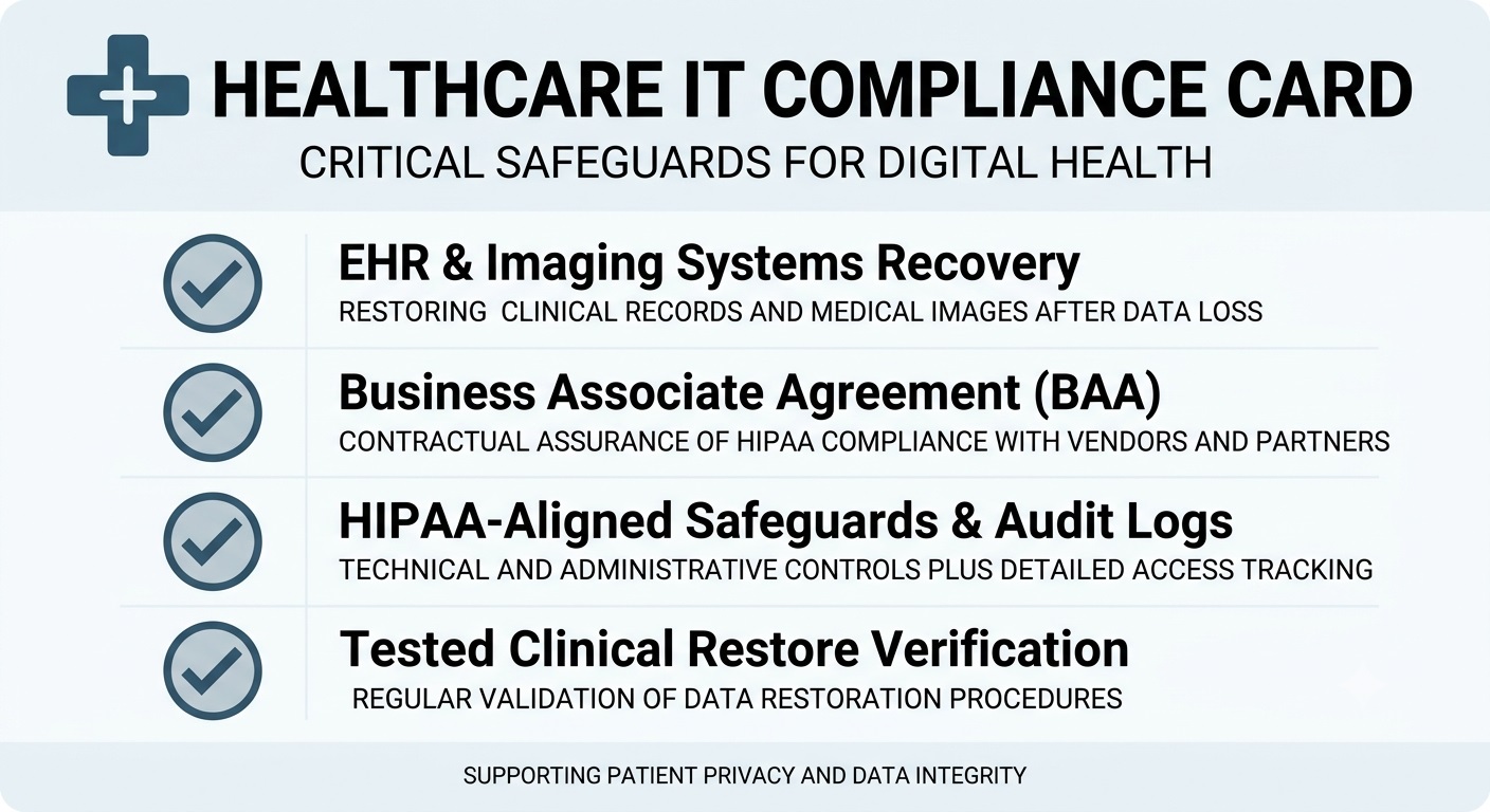 Checklist graphic showing HIPAA safeguards, clinical system backups, and BAA support.