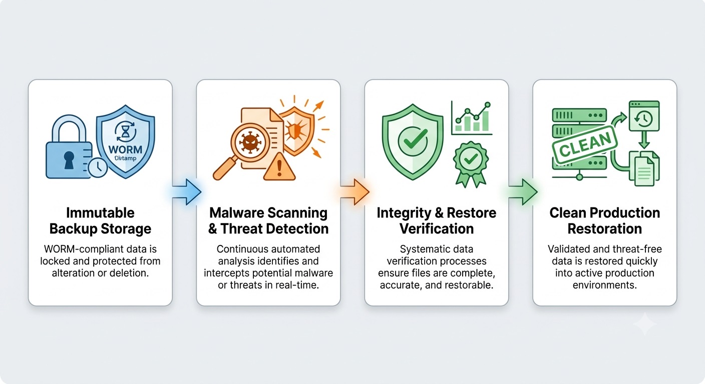 Step-by-step workflow of a verified data recovery process showing malware scanning and integrity checks.