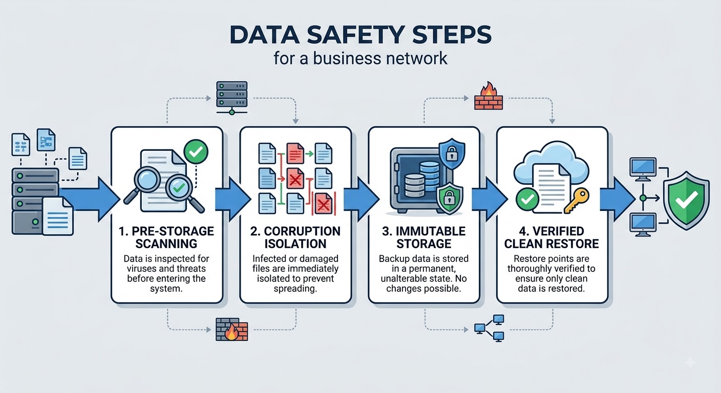 Process flowchart displaying pre-storage file scanning, corruption isolation, immutable storage, and clean recovery verification