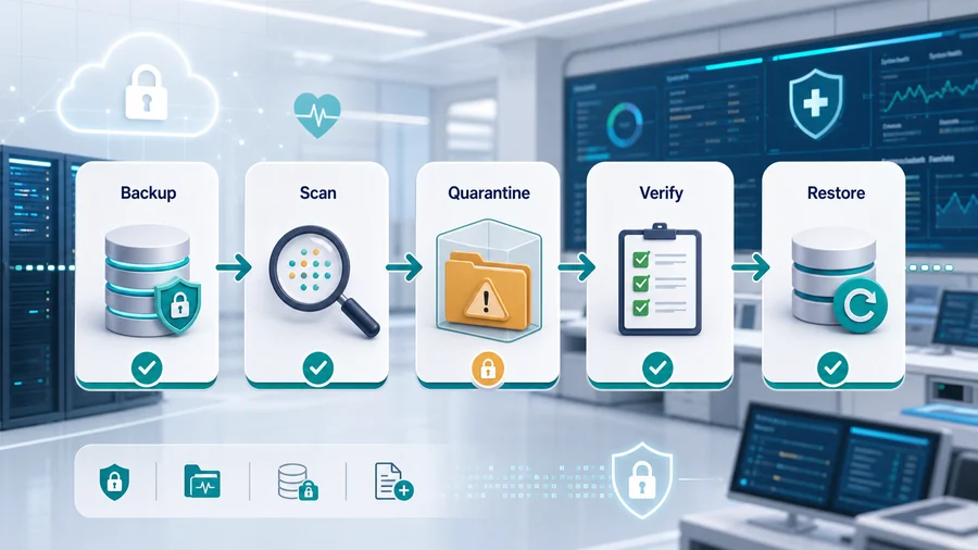 Diagram illustrating a five-step healthcare data backup and recovery workflow: Backup, Scan, Quarantine, Verify, and Restore.