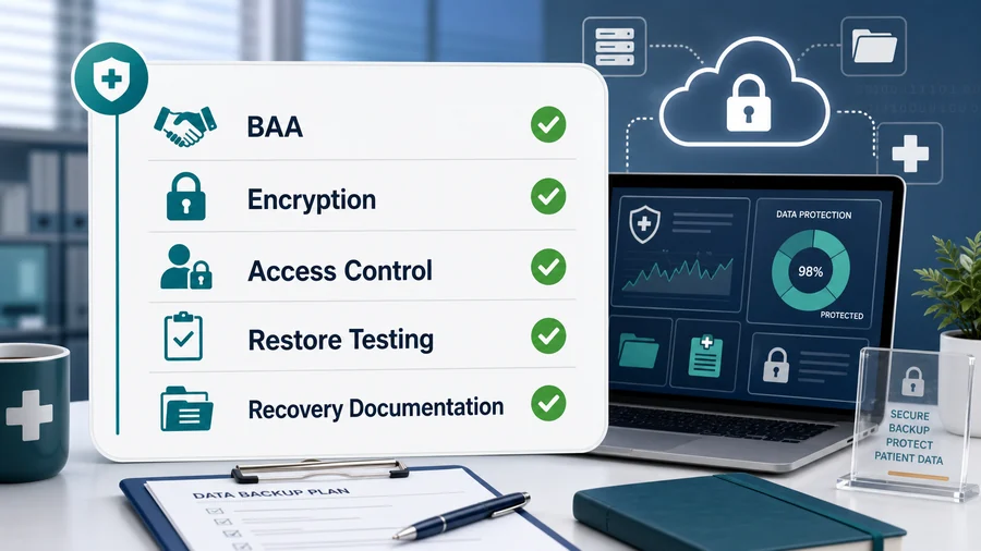 Checklist detailing HIPAA compliance requirements for healthcare data backups, including BAA, Encryption, Access Control, Restore Testing, and Recovery Documentation.