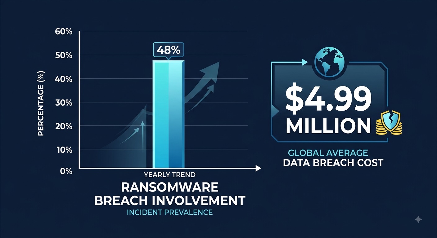 Infographic chart illustrating ransomware breach percentage growth and average financial cost of data breaches