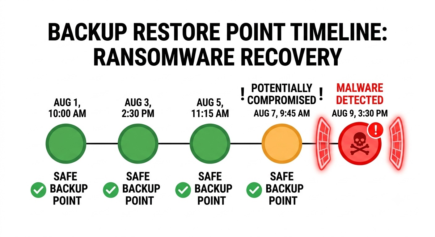 Diagram showing malicious files identified and isolated from clean backup restore points.