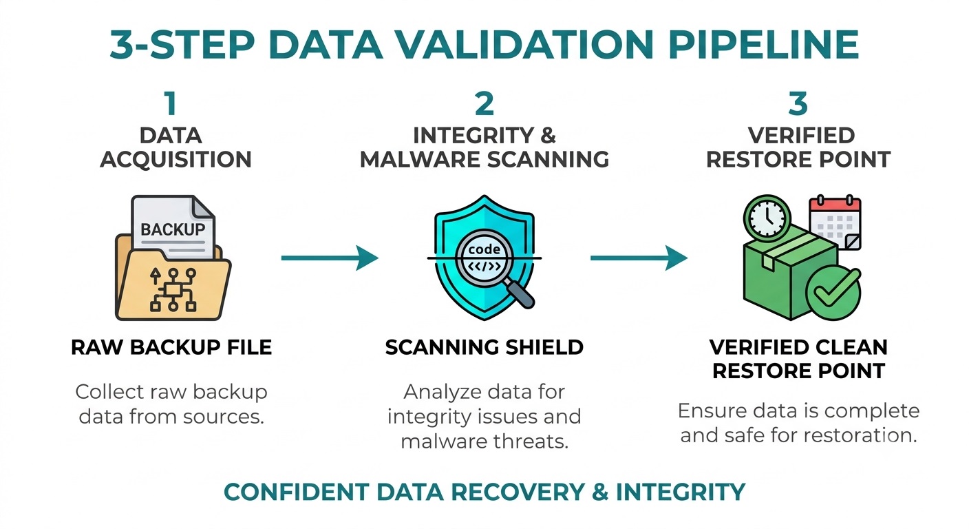 Visual workflow showing backup data passing through verification checks to ensure clean recovery points.