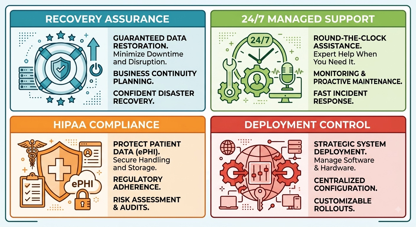Diagram outlining key operational triggers including HIPAA compliance, ransomware defense, and 24/7 support