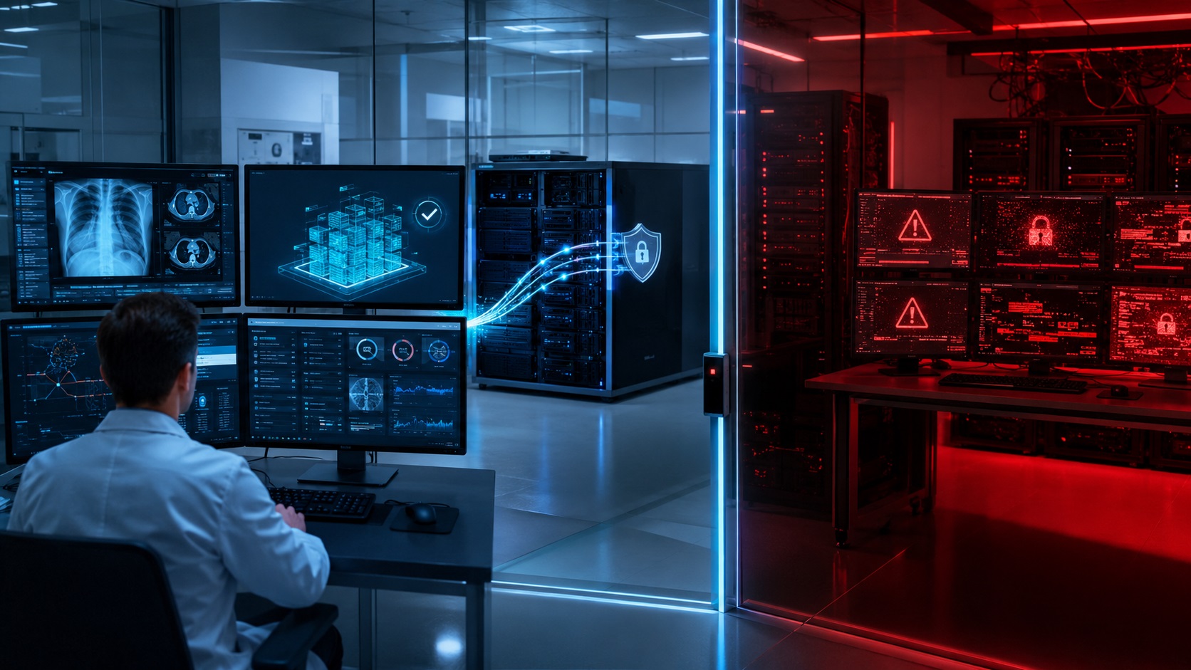 Isolated healthcare backup restore being validated beside a ransomware-compromised environment