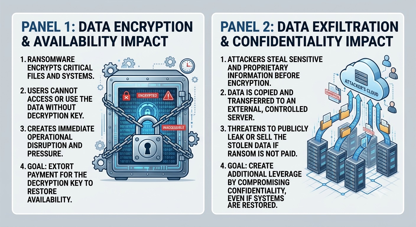 Conceptual diagram comparing data encryption against data exfiltration in double extortion