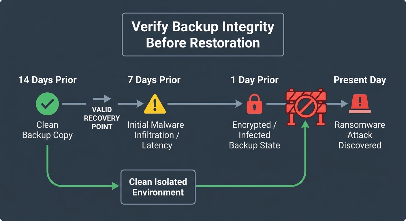 Diagram showing backup restore points timeline identifying infected recent backups versus an uncompromised recovery point.