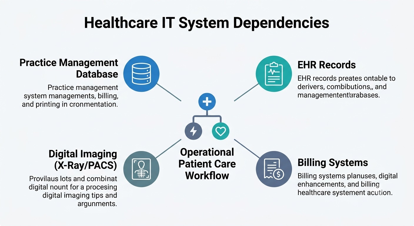 Infographic showing interconnected healthcare systems including practice management, databases, imaging, and patient records linking together for clean recovery.