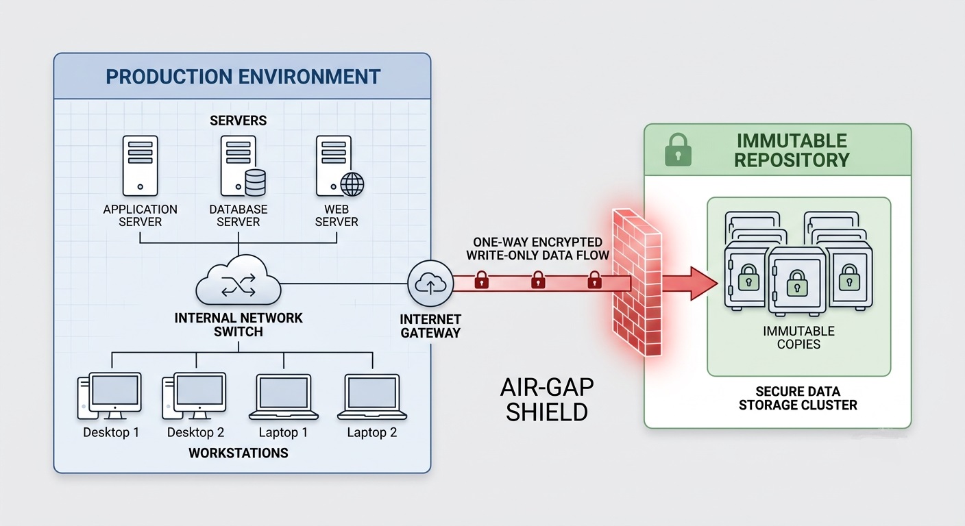 Security architecture diagram illustrating air-gapped immutable backup storage separate from network assets