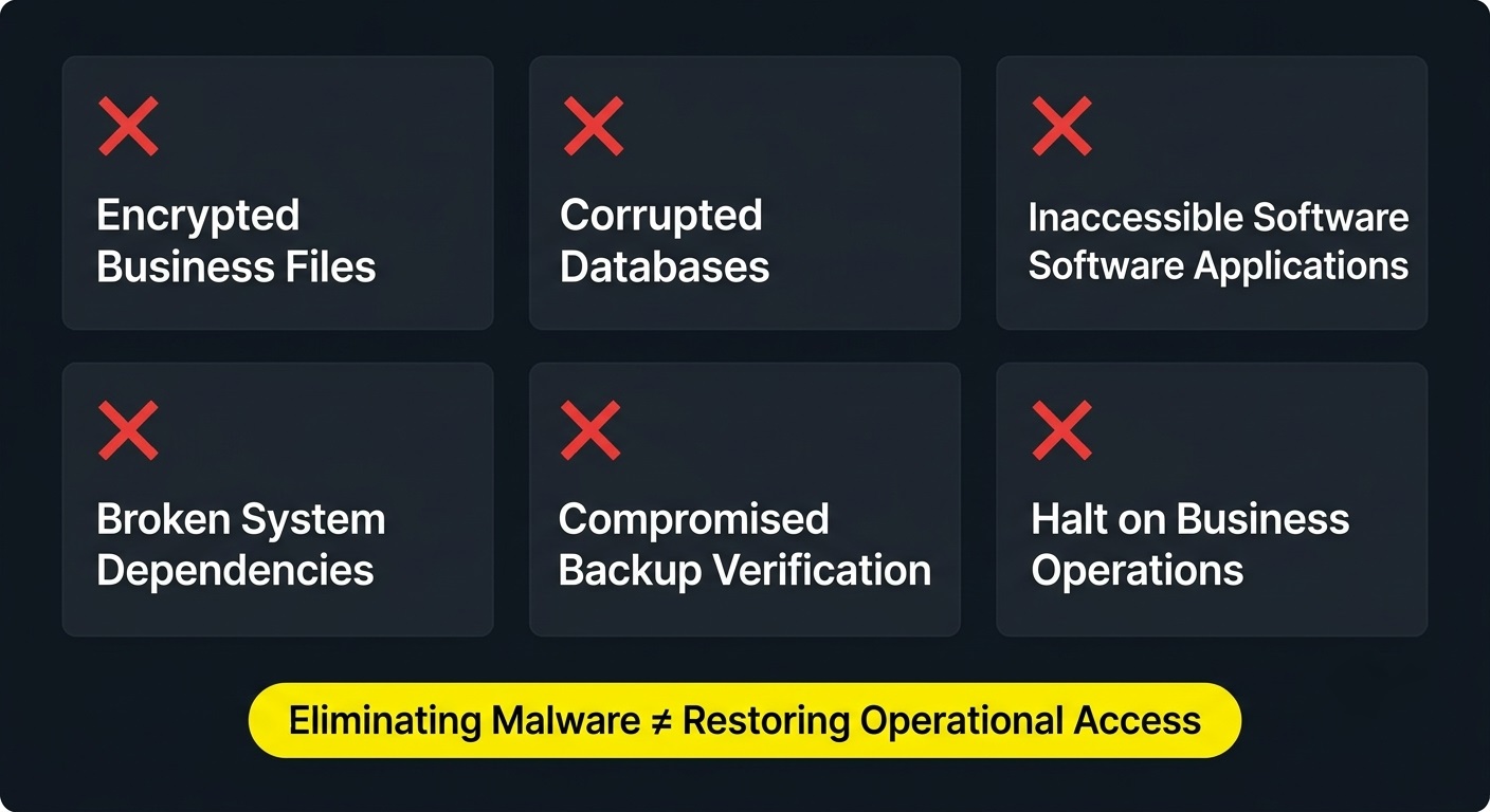 Graphic highlighting six key items ransomware removal does not restore, including encrypted files, databases, and dependencies.