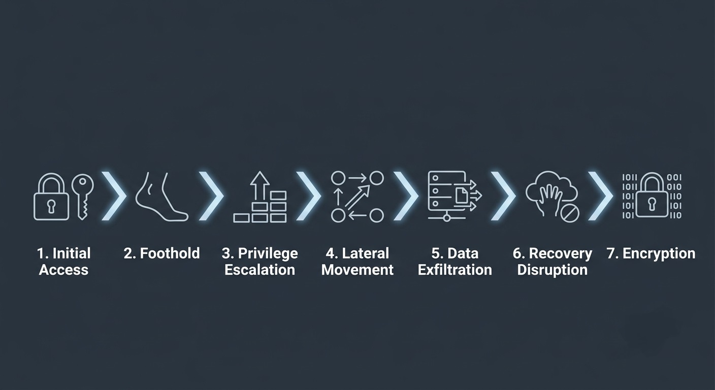 Diagram showing seven steps of a ransomware attack lifecycle from entry to encryption