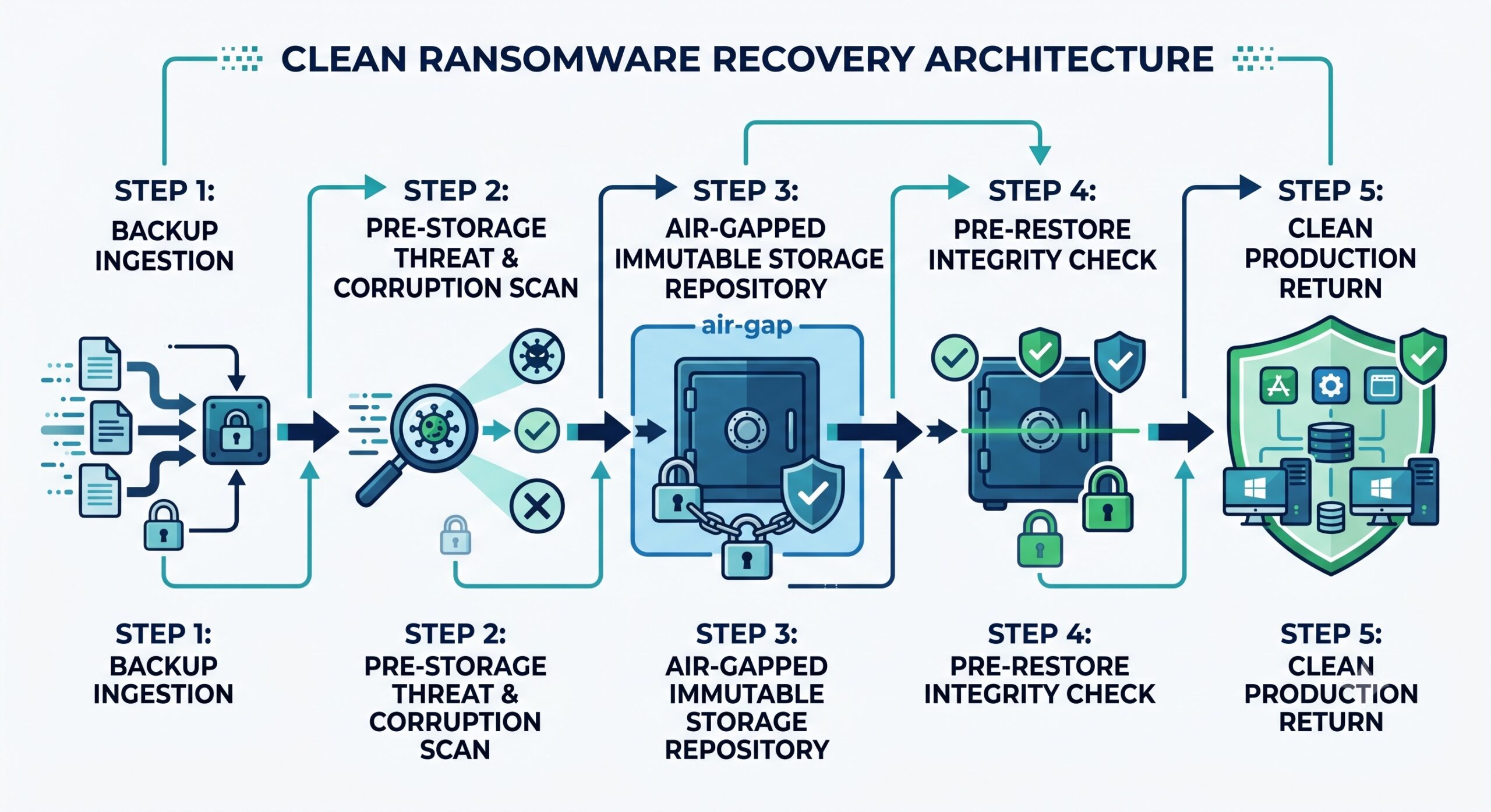 Multi-stage flowchart showing ransomware-isolated storage, integrity scanning, and clean restore validation.
