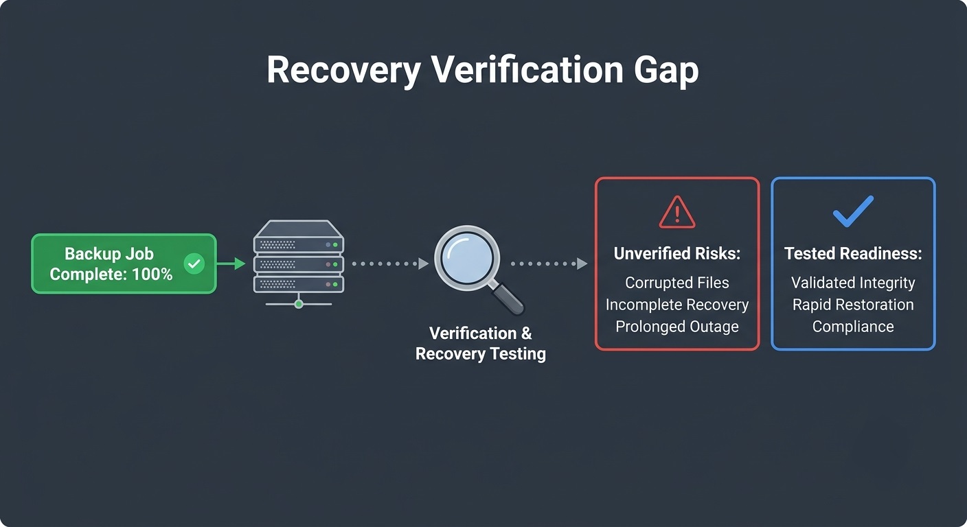 Visual graphic showing the gap between automated backup success and actual data restoration readiness.