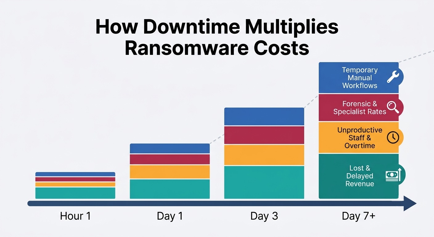 Diagram illustrating how downtime continuously increases operational, technical, and staffing costs over time