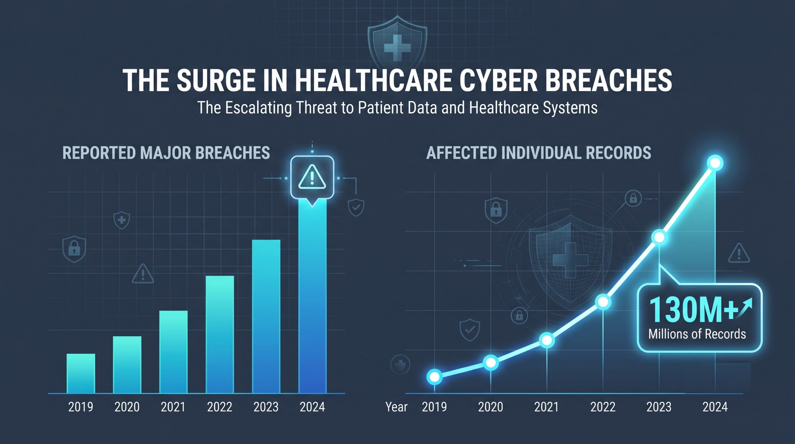Infographic chart illustrating a dramatic surge in reported healthcare cyber incidents alongside a sharp rise in affected patient records.