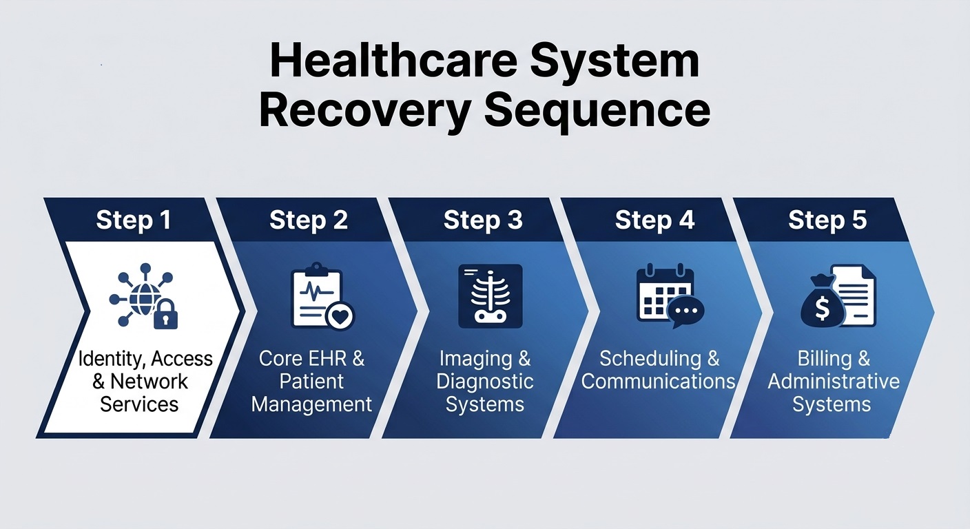 Flowchart illustrating the 5-step healthcare ransomware system restoration order from core infrastructure to billing.