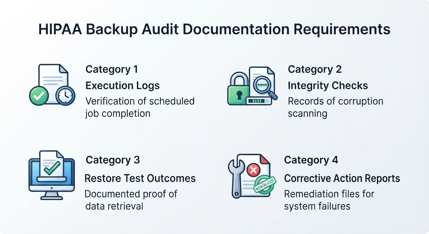 Infographic mapping backup activities to corresponding audit documentation evidence.