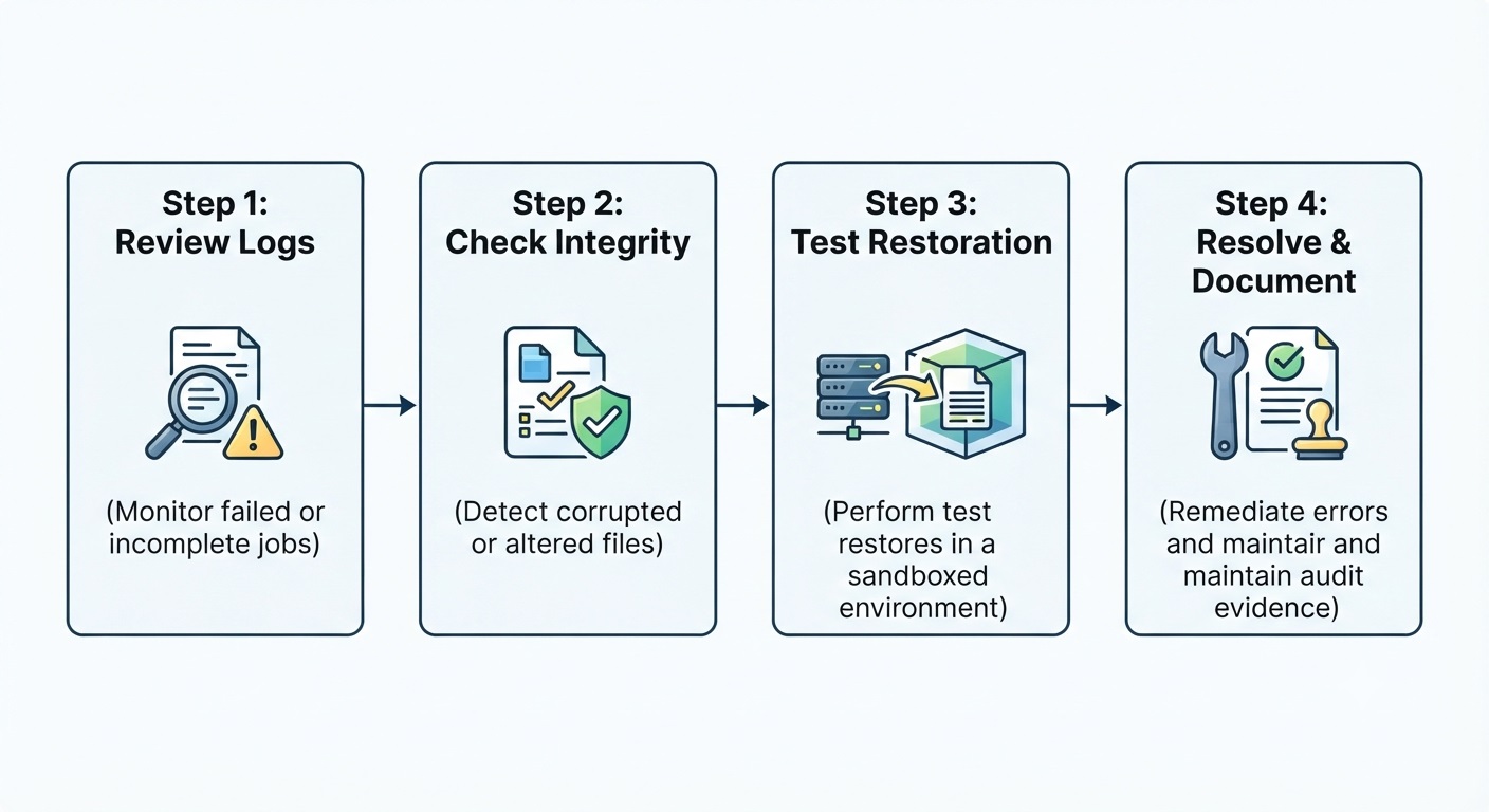 Four-step workflow diagram showing backup verification, integrity checking, restoration testing, and corrective resolution.