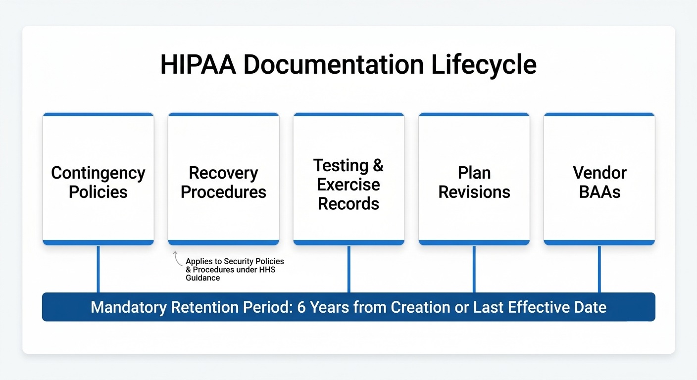 Diagram outlining HIPAA contingency planning documentation requirements and the mandatory six-year retention rule.