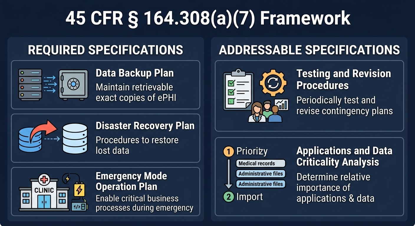 Infographic chart detailing the five HIPAA contingency plan implementation specifications split into required and addressable regulatory categories.