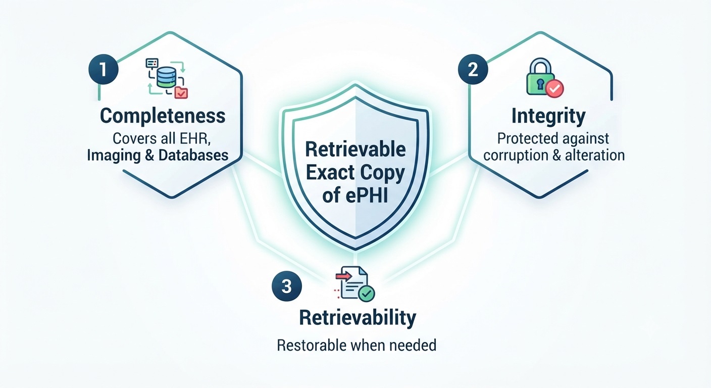 Diagram outlining the three pillars of HIPAA compliant data copies: completeness, integrity, and retrievability.