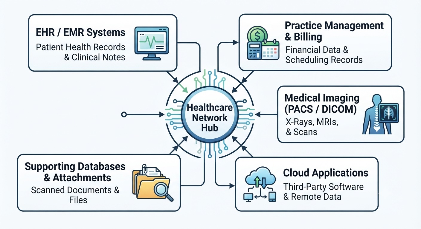 Visual overview of electronic protected health information sources including EHR, billing, imaging, and cloud apps.