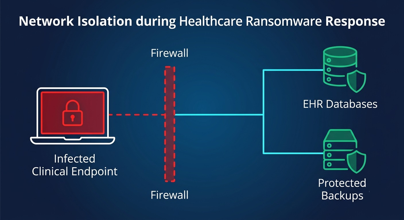Conceptual visual showing a network diagram isolating infected healthcare nodes from clean backup systems