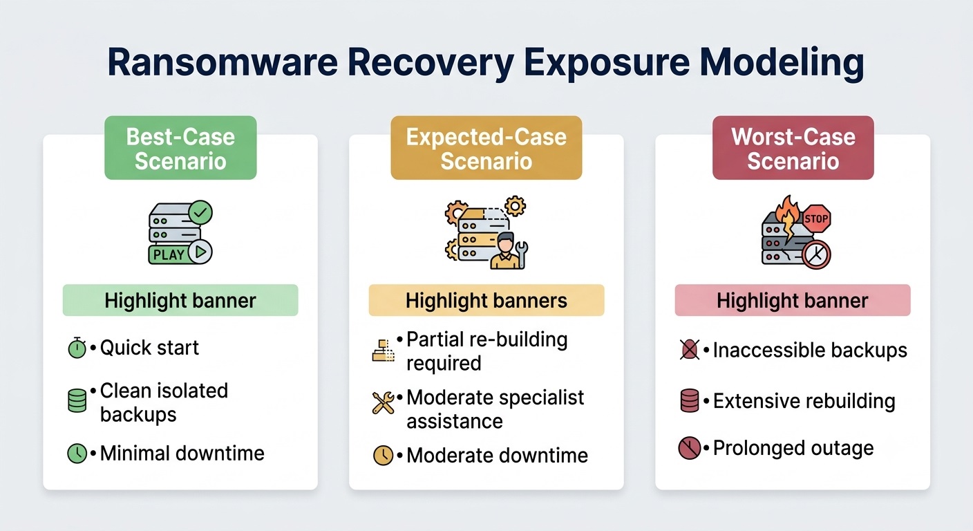 Three-column comparison matrix displaying best-case, expected-case, and worst-case ransomware recovery scenarios